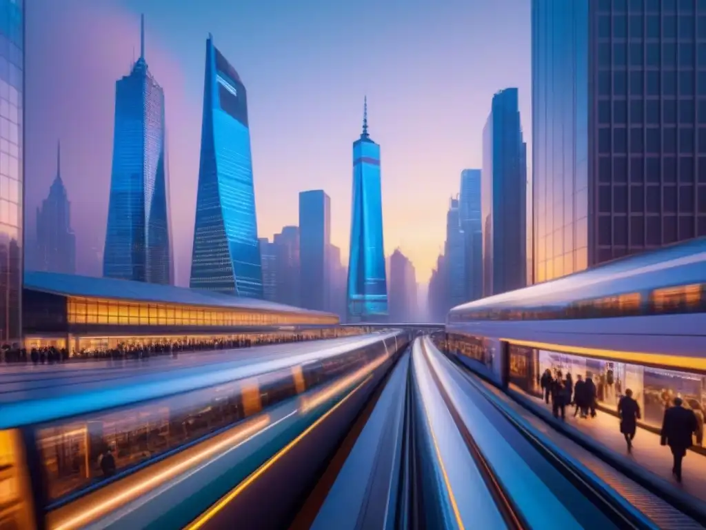 Distrito financiero futurista en 8k: atardecer vibrante Futurista distrito financiero con rascacielos, trenes y datos financieros en atardecer