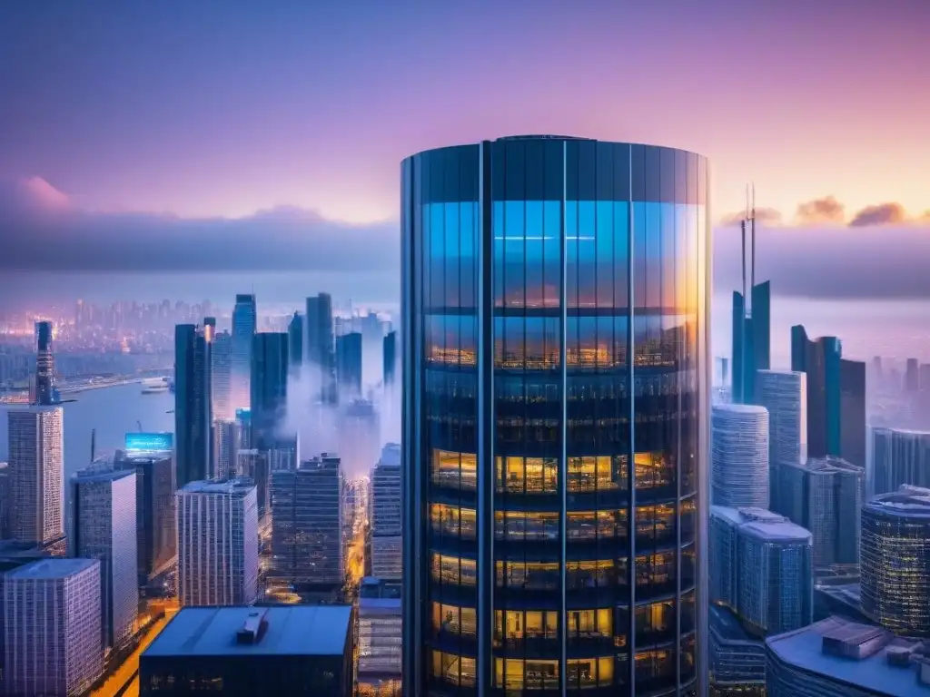 Edificio inteligente futurista con sensores integrados Futurista edificio inteligente con tecnología sensores Proptech inmobiliario integrada en su fachada, en una ciudad activa