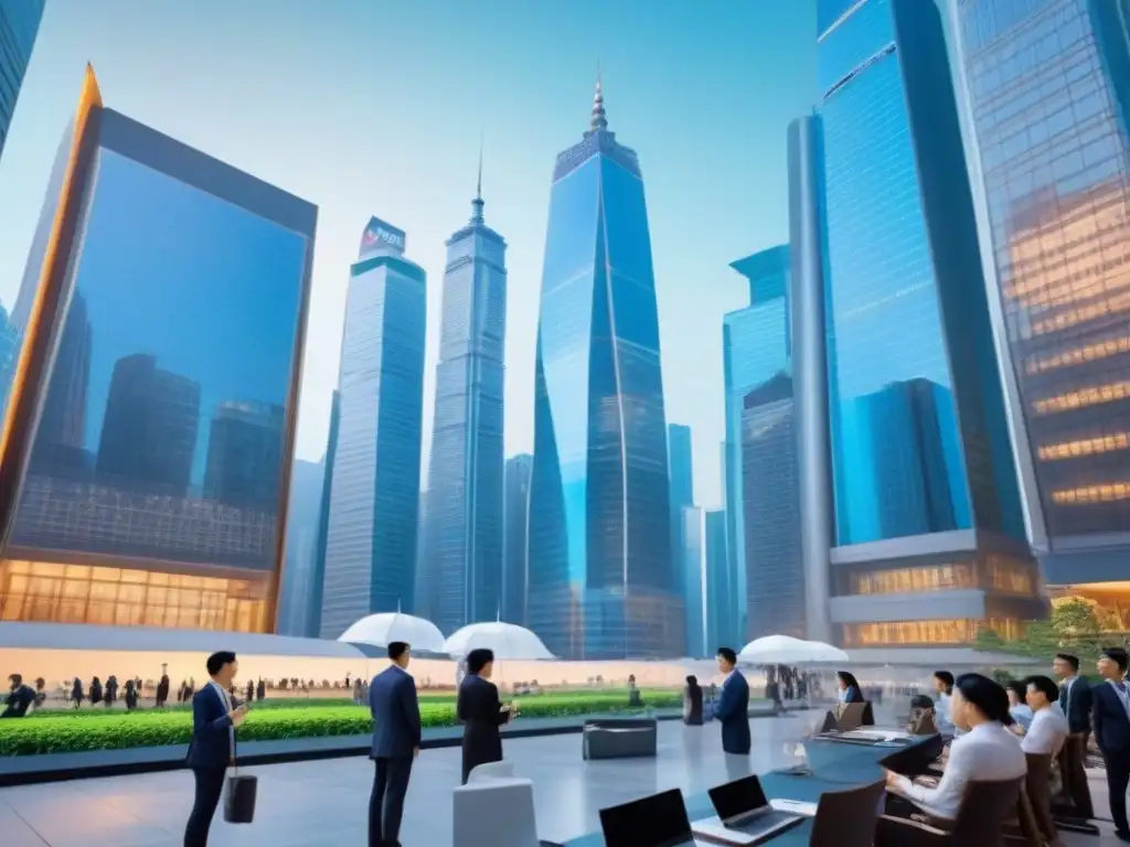 Finanzas futuristas: Profesionales en distrito financiero asiático Futurista escena financiera en la ciudad asiática con inversores, gráficos y rascacielos
