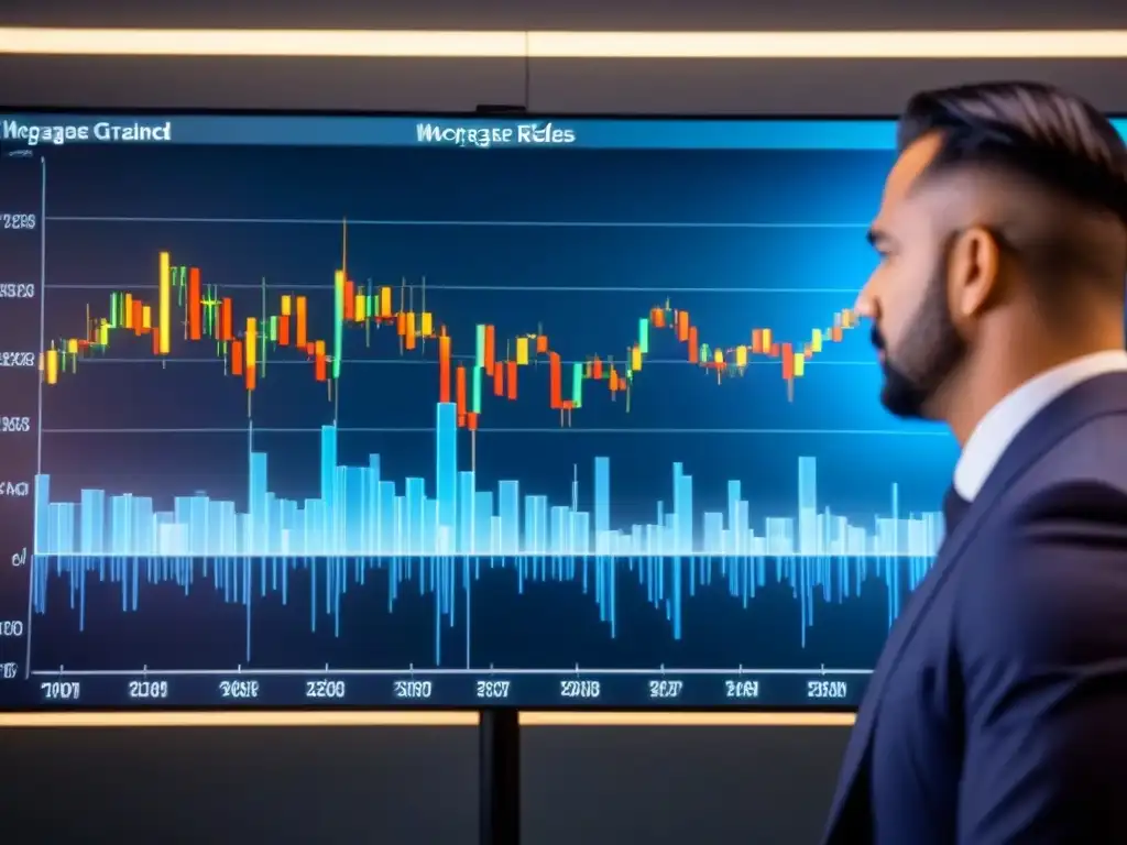 Proyección futurista de mercado de valores digital con diversidad en sala de juntas Un futurista gráfico de bolsa digital con gente diversa discutiendo riesgos préstamos ARM mercado inmobiliario en una sala de juntas moderna