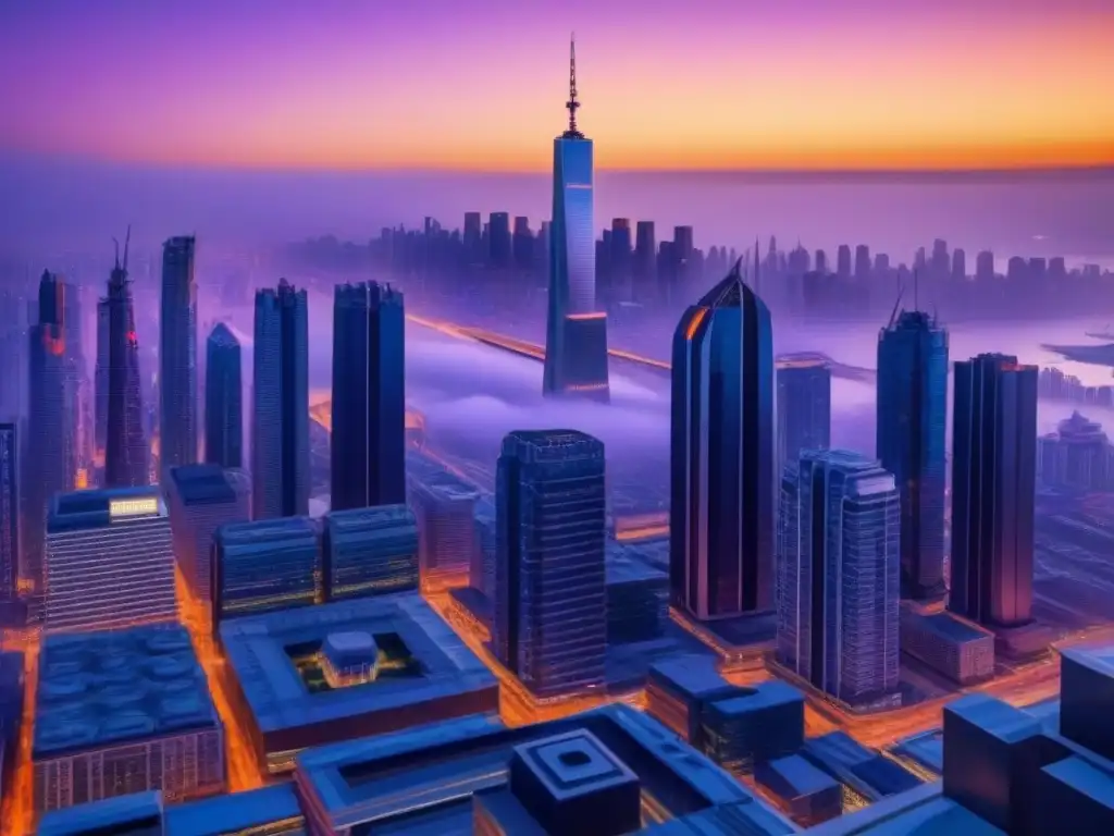 Metrópolis futurista al atardecer: ciudad vibrante y moderna en 8k Un futurista horizonte urbano al atardecer con rascacielos iluminados y una plaza llena de vida