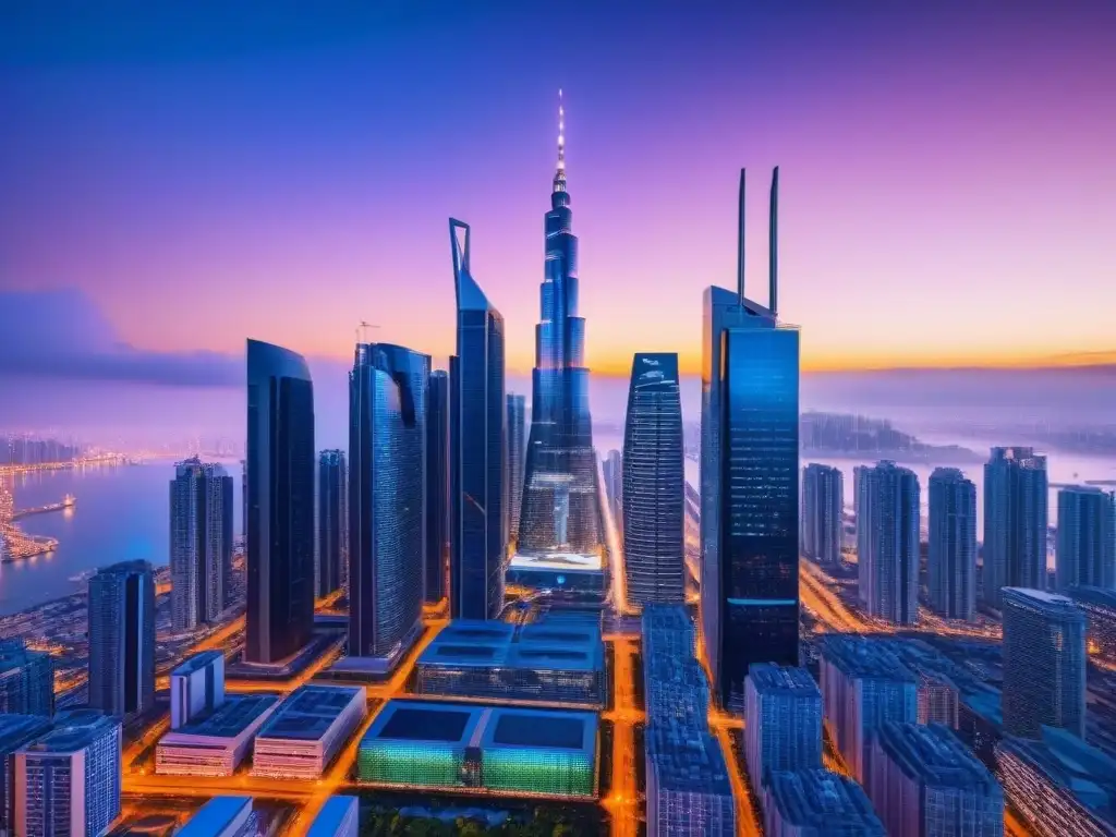 Metrópolis futurista: inversión inmobiliaria y tecnología Cityscape futurista de noche con rascacielos iluminados y tecnología en inversiones inmobiliarias