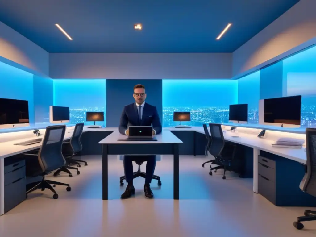 Oficina futurista con robots procesando préstamos inmobiliarios Futurista oficina con automatización evaluación préstamos inmobiliarios en ambiente tecnológico avanzado