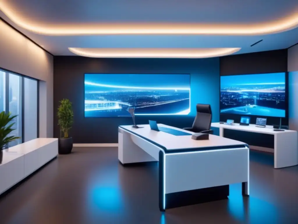 Oficina futurista con IA: Automatización legal inmobiliaria Futurista oficina con automatización procesos legales financiamiento inmobiliario