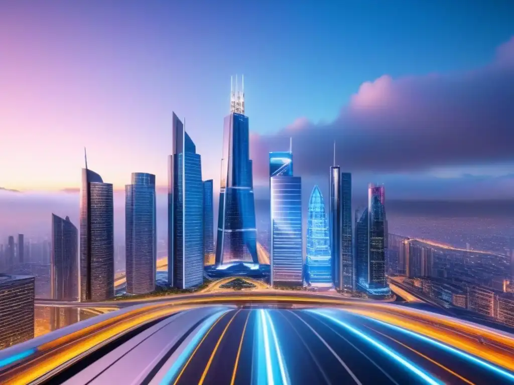 Metrópolis futurista: inversión inmobiliaria y tecnología Futurista panorama urbano con rascacielos de vidrio y acero, datos financieros y profesionales discutiendo