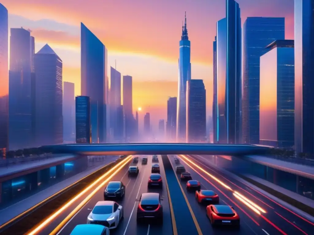 Metrópolis futurista: skyline de cristal y acero en atardecer vibrante Metrópolis futurista con rascacielos de cristal y acero, reflejando colores del atardecer
