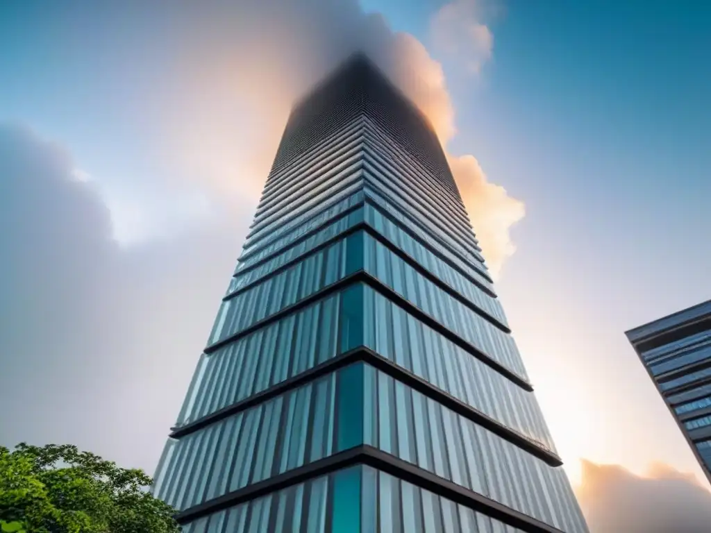 Rascacielos moderno con diseño innovador y sostenible en entorno natural Futurista rascacielos rodeado de vegetación, reflejando la importancia REITs en inversiones inmobiliarias