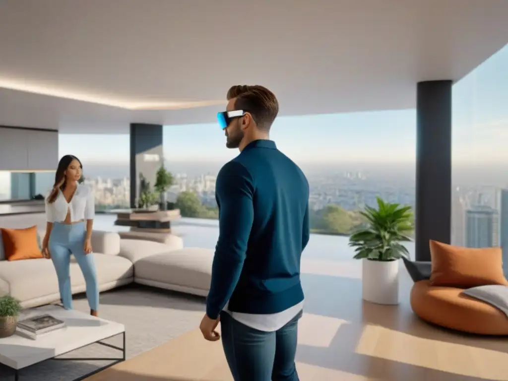Realidad aumentada inmobiliaria: tour virtual futurista Futurista aplicación de realidad aumentada inmobiliaria con información detallada y avatar guía