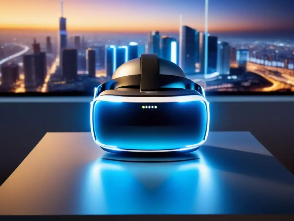 Headset de realidad virtual 8k en entorno futurista Futurista visión de Realidad Virtual en inversiones inmobiliarias, con headset tecnológico y edificio de lujo