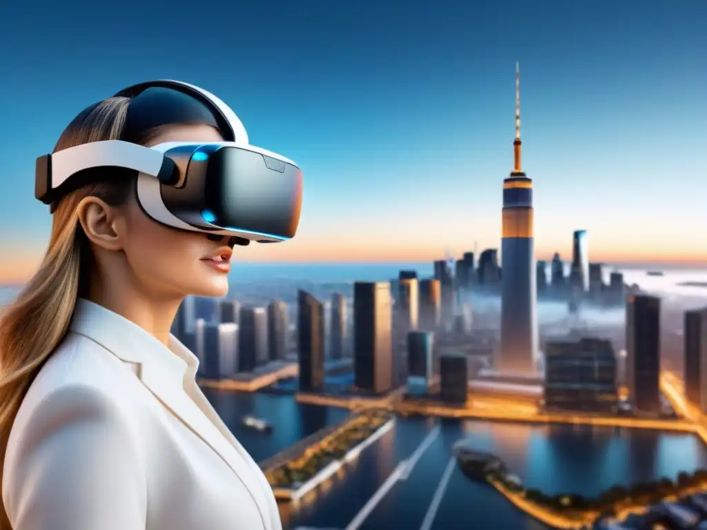 Realidad Virtual y Realidad Aumentada fusionadas en la ciudad del futuro Futurista visión de realidad virtual vs realidad aumentada inmobiliaria en ciudad digital