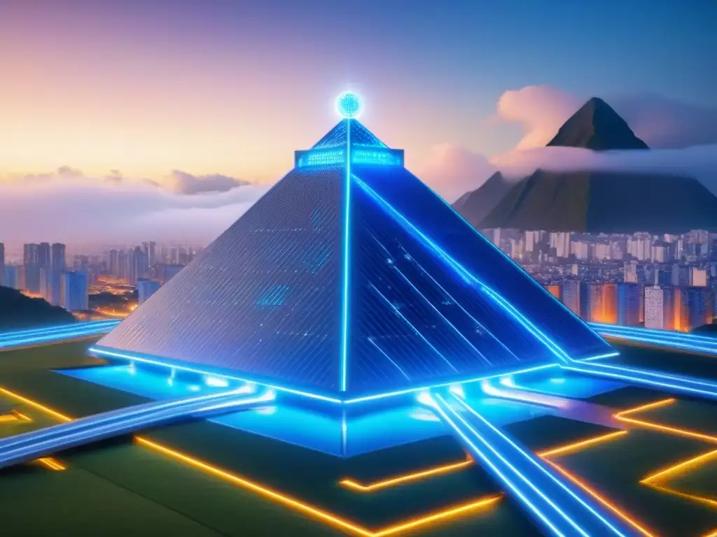 Blockchain y arquitectura: Futuro financiero latinoamericano Futurista red blockchain en edificios icónicos de América Latina fusiona tecnología con financiamiento inmobiliario