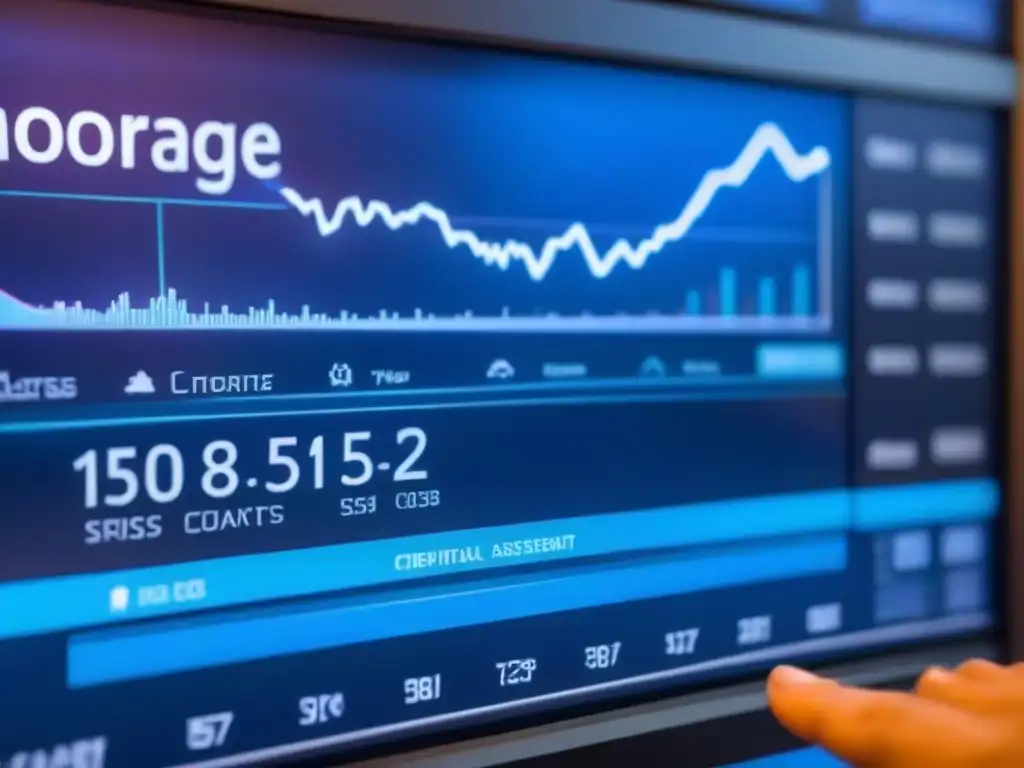 Análisis financiero futurista en sistema de evaluación hipotecaria Futurista sistema evalúa hipotecas con datos financieros en azul, automatización evaluación créditos hipotecarios