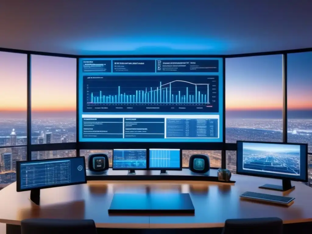 Futurista sistema de IA analizando valores inmobiliarios con gráficos digitales detallados en una oficina moderna