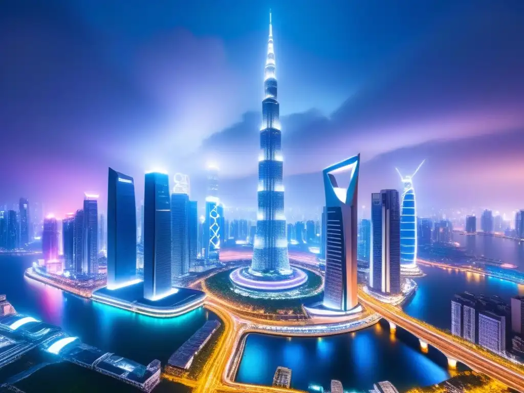 Futurismo urbano: skyline innovador de metrópoli asiática Futurista skyline asiático con rascacielos innovadores iluminados por luces neón, reflejando un hub financiero en Asia