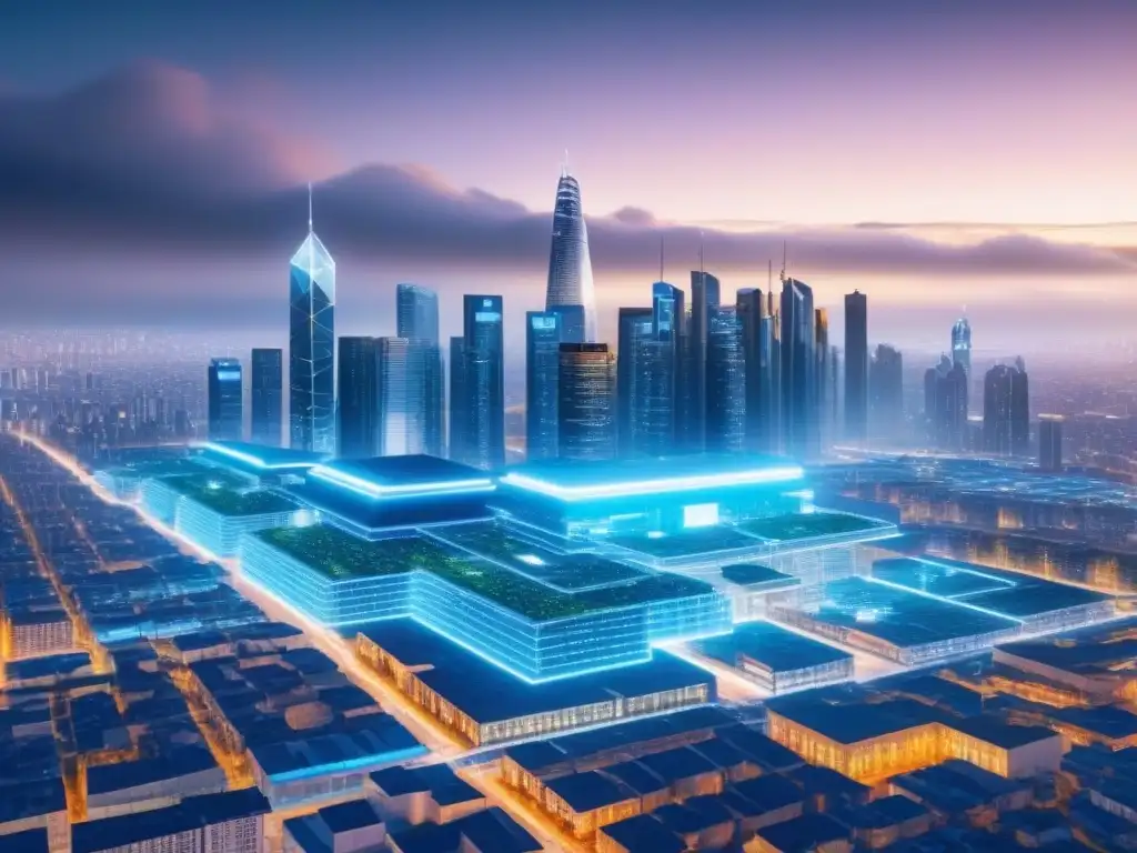 Metropolis futurista: integración blockchain en edificios de lujo Futurista skyline de ciudad con tecnología blockchain en Bienes Raíces