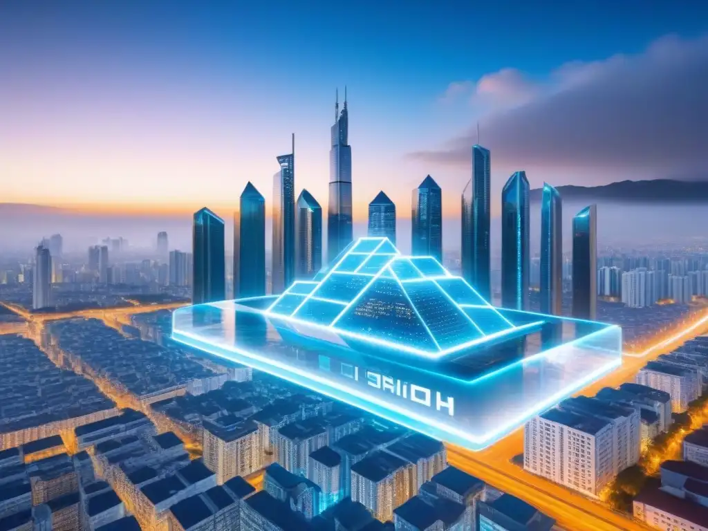 Skyline futurista: blockchain revoluciona la gestión inmobiliaria Futurista skyline de ciudad con tecnología blockchain en gestión inmobiliaria
