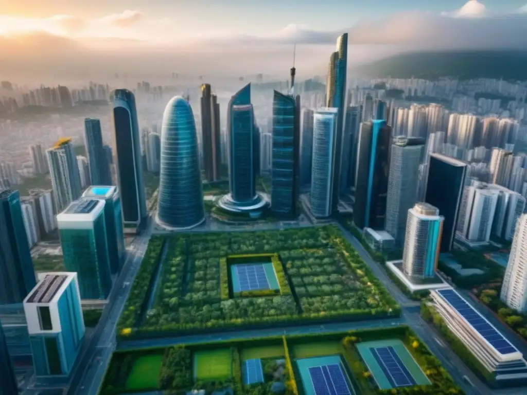 Horizonte futurista: real estate innovador en ciudad latinoamericana Futurista skyline de una gran ciudad latinoamericana, con rascacielos innovadores y tecnología inteligente