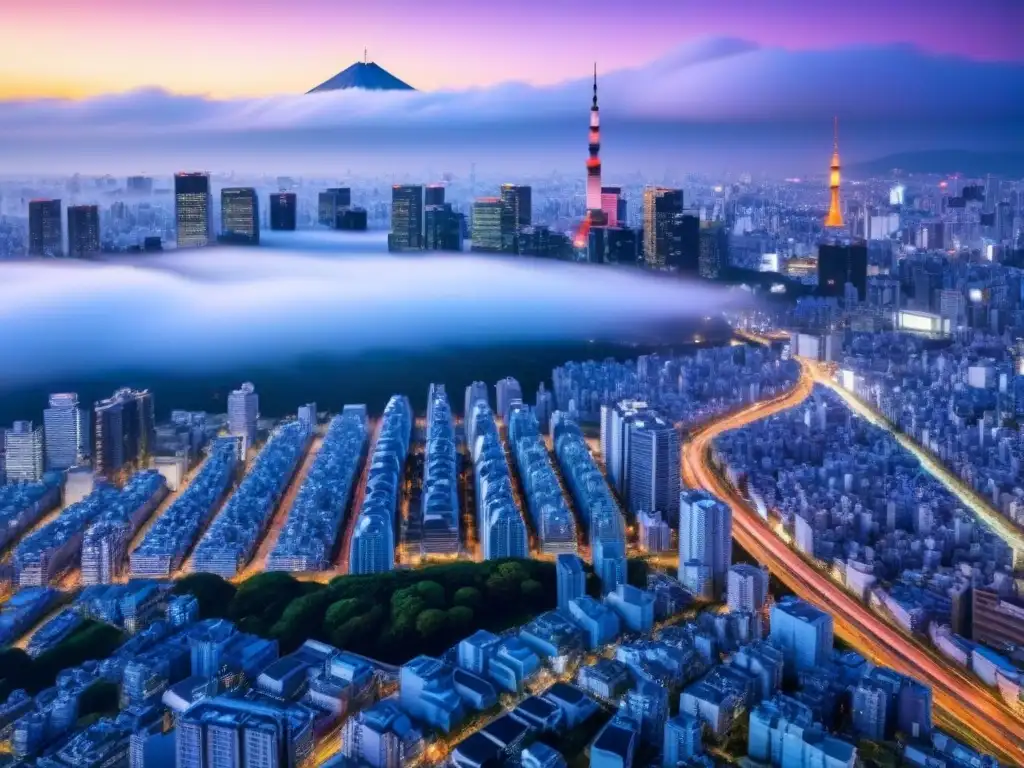 Skyline moderno de rascacielos en Tokio fusiona tradición y modernidad Futurista skyline de rascacielos en Tokio, Japón, fusionando arquitectura tradicional y moderna