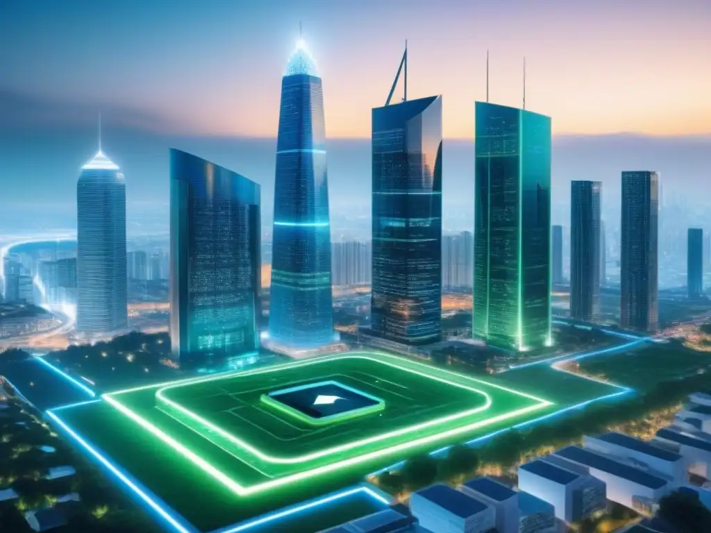 Skyline futurista con tecnología blockchain: innovación real Futurista skyline con rascacielos incorporando símbolos de tecnología blockchain