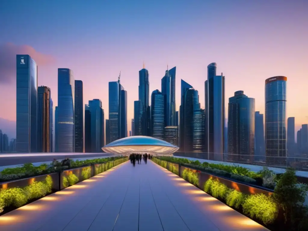 Horizonte futurista: ciudad sostenible y próspera Un futurista skyline urbano al atardecer con edificios altos iluminados por luces LED dinámicas, reflejando innovación y sostenibilidad
