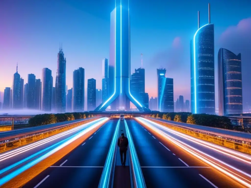Horizonte futurista: IA y big data transforman la ciudad Futurista skyline urbano con IA y big data para inversores inmobiliarios