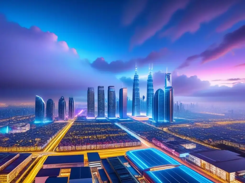 Futurista ciudad ultradetallada con rascacielos y transporte avanzado Invierte en el futuro: ciudad futurista con rascacielos, luces neón y transportes avanzados