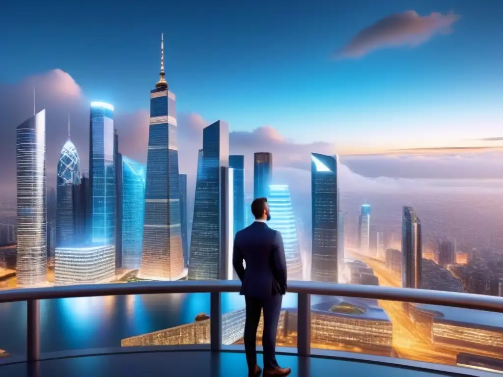 Skyline futurista: innovación y seguridad en inversiones El futuro de las estrategias de blindaje en inversiones inmobiliarias cobra vida en una ciudad futurista al anochecer