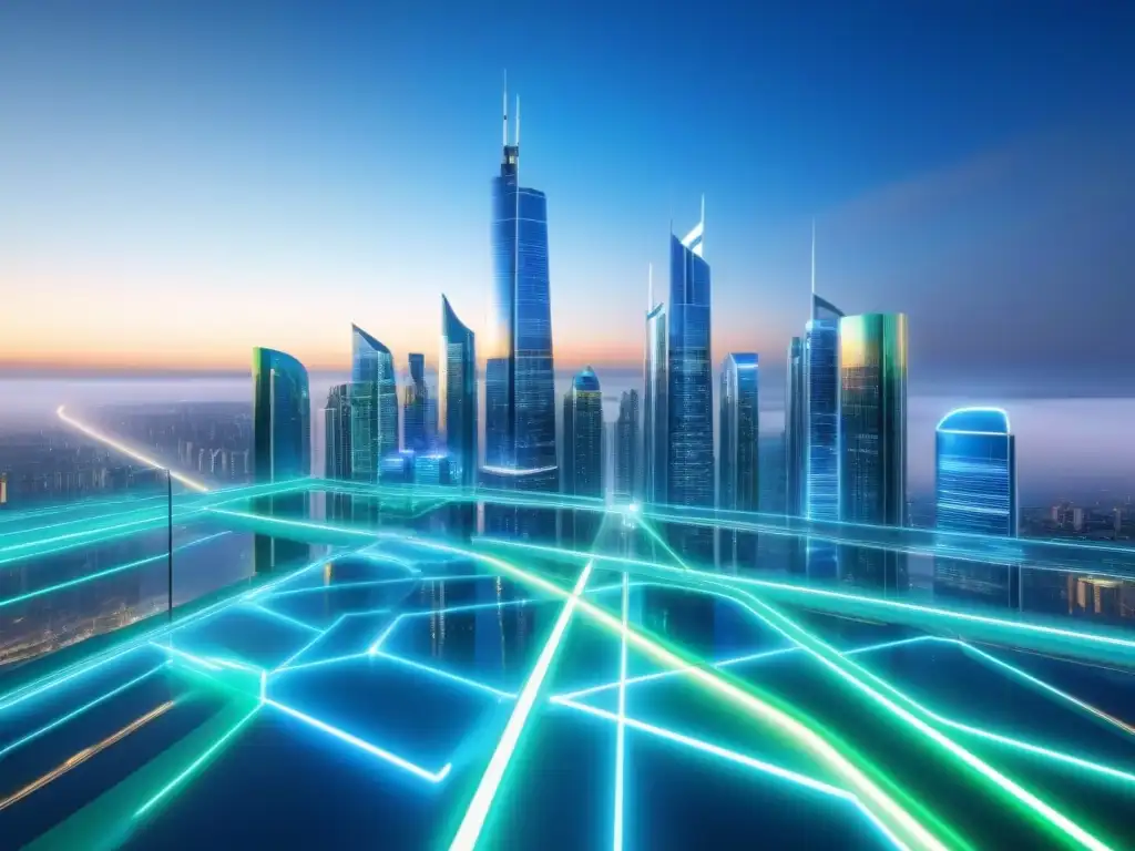 Metrópolis futurista: innovación financiera en bienes raíces Futuro financiero: Futurista ciudad con rascacielos y redes luminosas, reflejando innovación en regulaciones financiamiento inmobiliario futuro