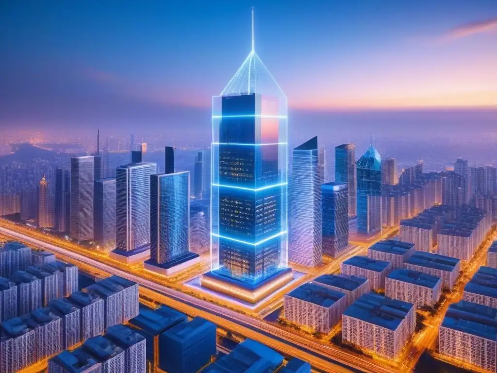 Contrato inteligente en rascacielos: fusión tecnológica en bienes raíces Futuro de la inmobiliaria: contrato inteligente transparente entrelazado con planos de rascacielos urbanos