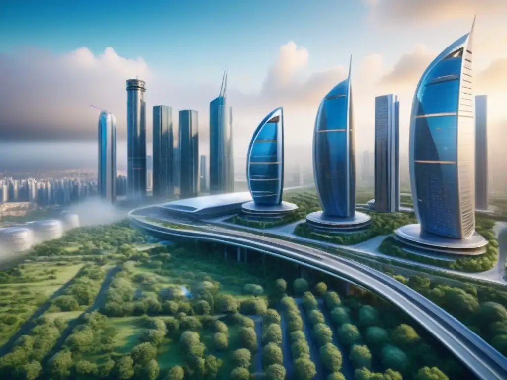 Metrópolis futurista sostenible: Edificios verdes y energías renovables Un futuro sostenible: ciudad con rascacielos verdes que exhiben tecnologías renovables