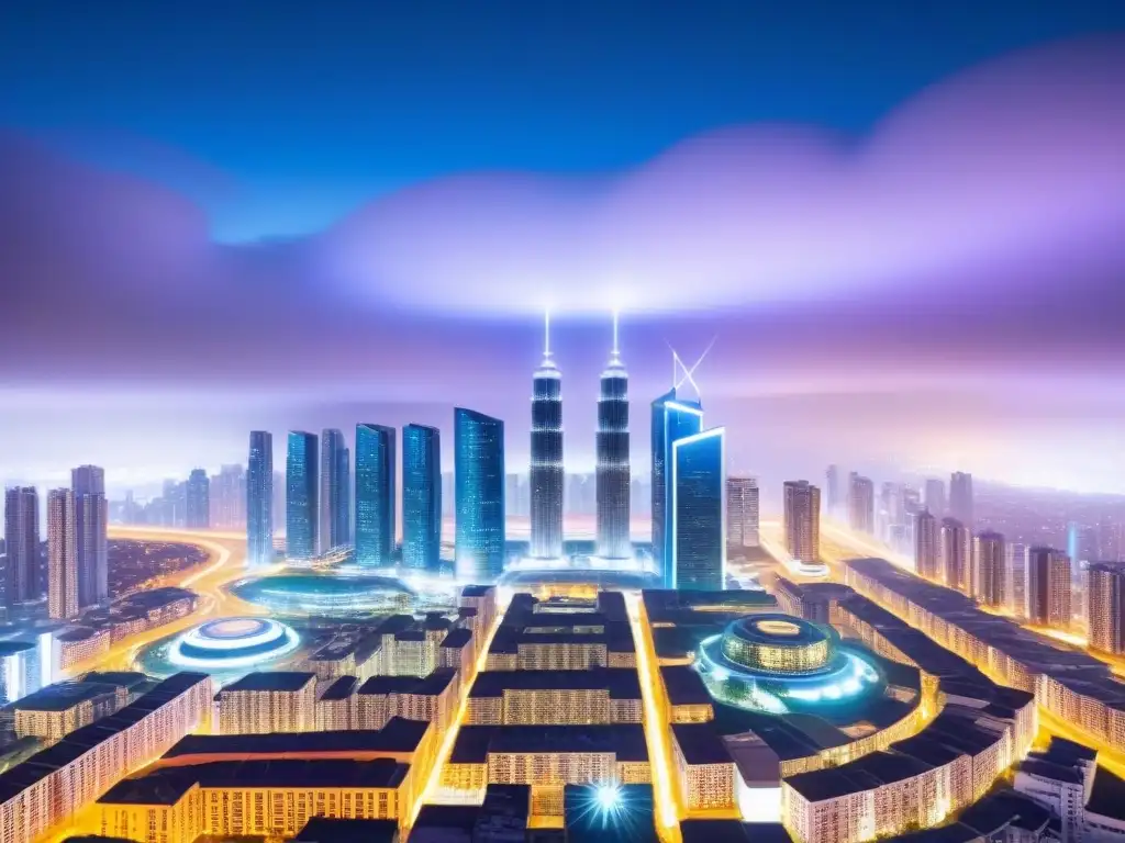 Metrópolis Futurista: Integración Blockchain en la Arquitectura Urbana Un futuro urbano brillante con rascacielos modernos y patrones de blockchain, iluminados por luces de neón