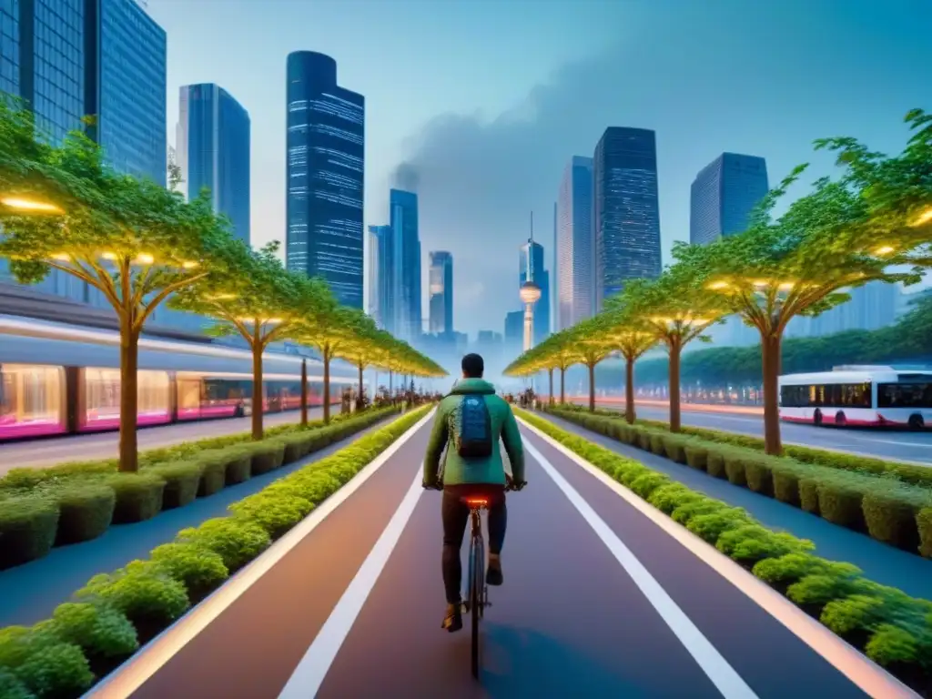 Metrópolis sostenible: tecnología, naturaleza y comunidad en armonía Un futuro urbano sostenible: rascacielos iluminados, paneles solares, espacios verdes y una comunidad diversa