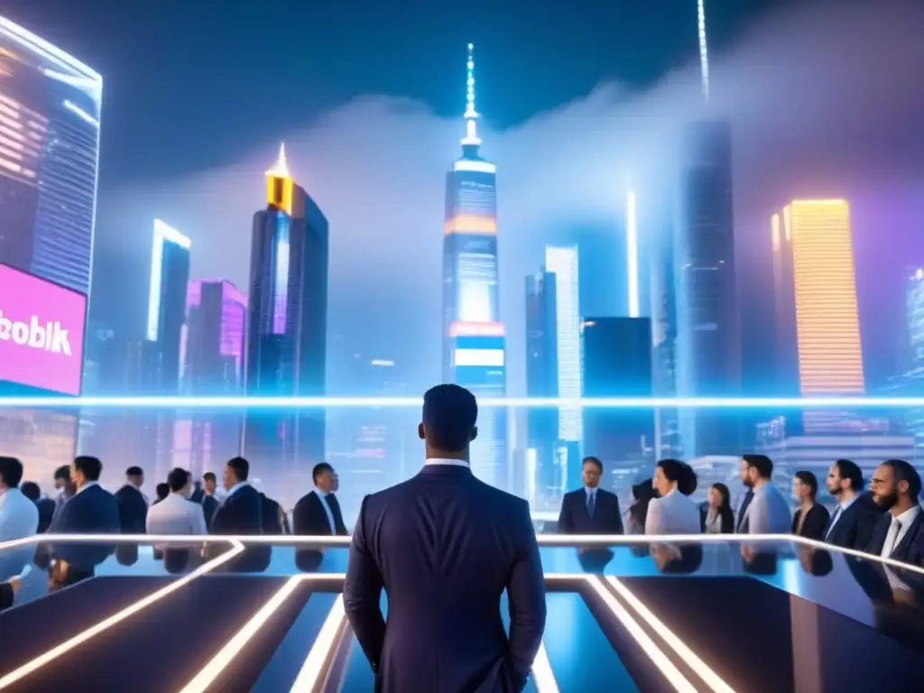 Metrópolis futurista: líder de negocios en debate Un futuro urbano vibrante con profesionales discutiendo, reflejando la importancia de los préstamos para desarrollos comerciales