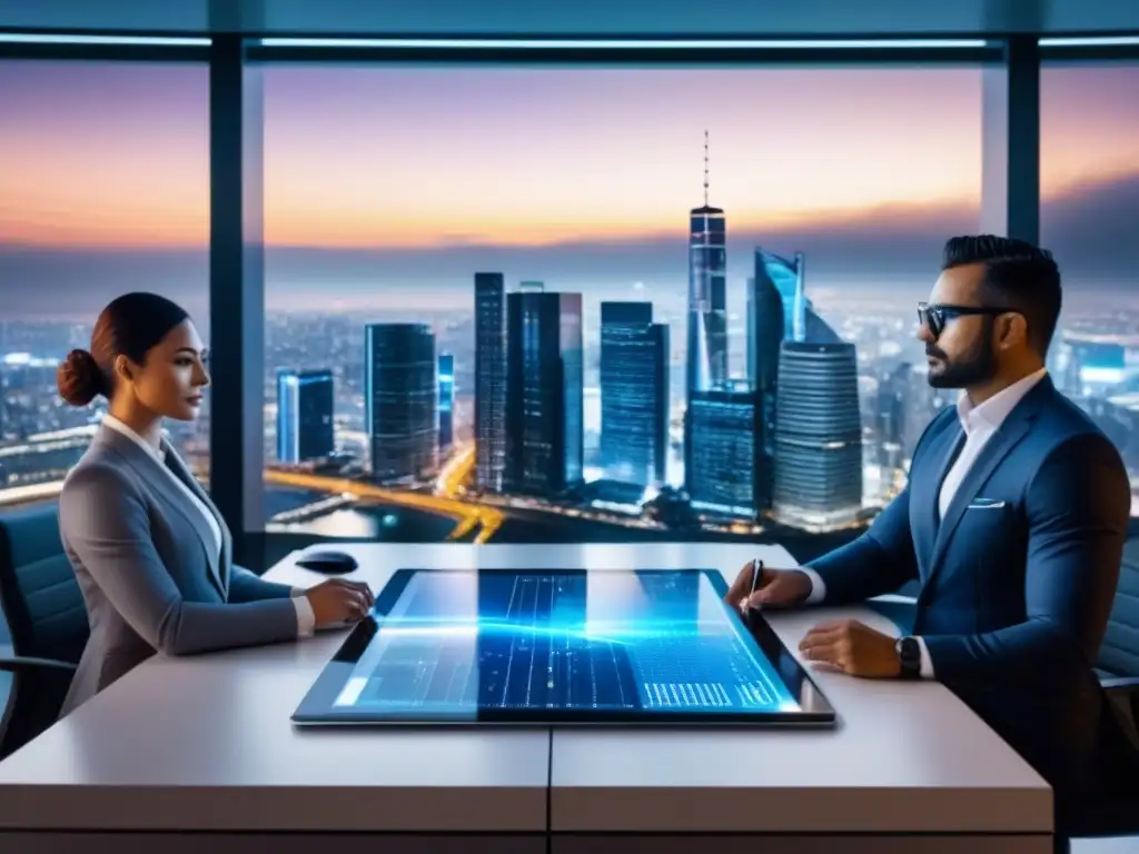 Metrópolis futurista: skyline digital con analíticas inmobiliarias Un futuro urbano vibrante con tecnología de punta en un edificio inteligente, ejecutivos analizando datos financieros