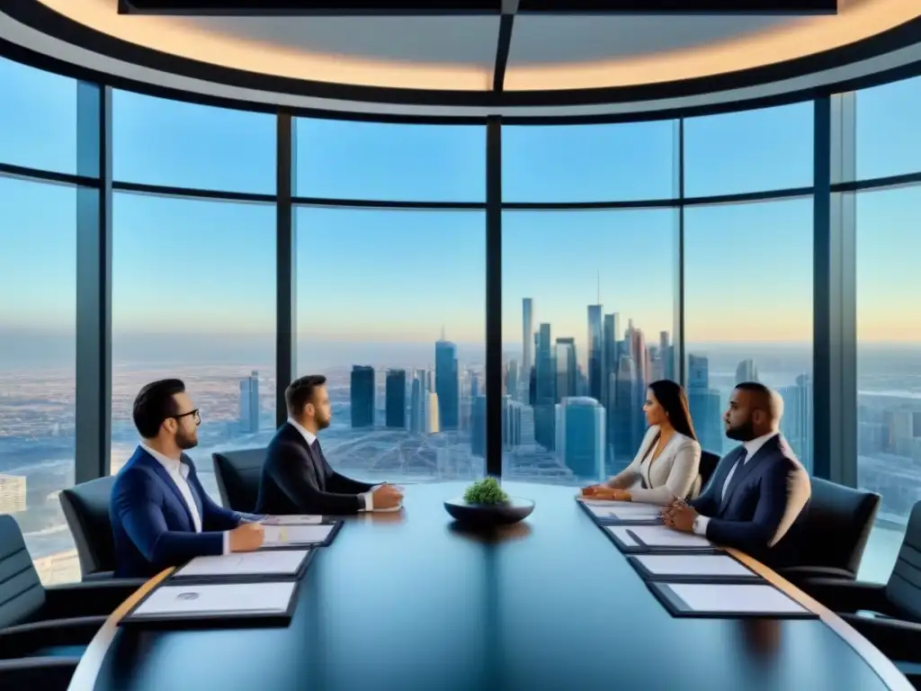 Gerente inmobiliario lidera equipo en sala ultramoderna con vista panorámica Un gerente sindicación inmobiliaria lidera equipo en sala de conferencias moderna con vista a la ciudad: papel y elección