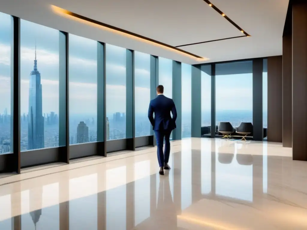Oficina moderna de lujo con vista urbana y gestión inmobiliaria experta Gestor de propiedades de lujo brinda guía experta en elegante vestíbulo moderno