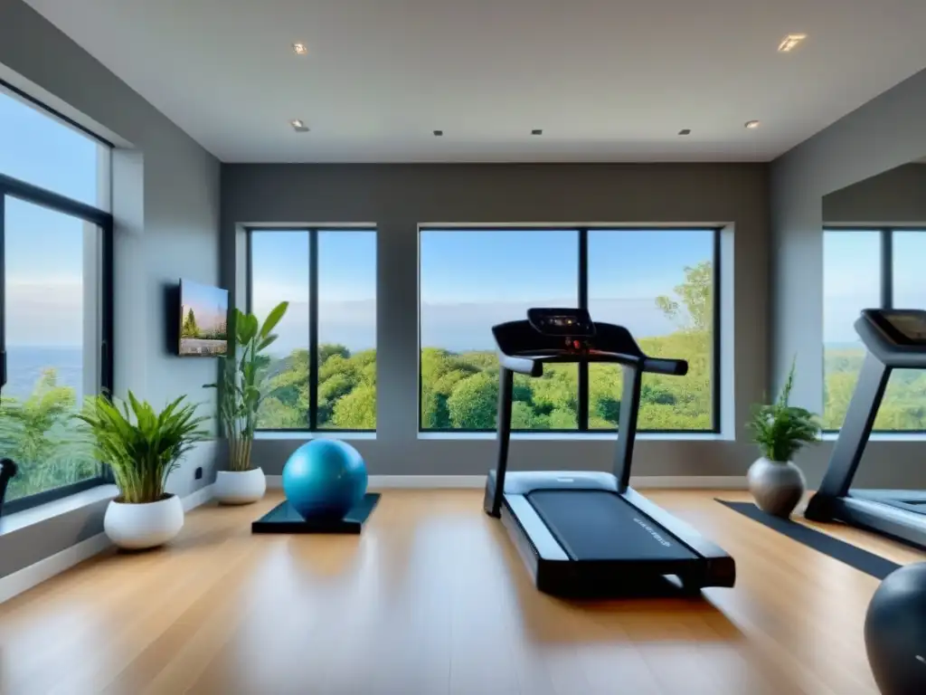 Gimnasio en casa de lujo y funcionalidad Un gimnasio casero moderno y elegante, con equipos de última generación, plantas verdes y frases motivadoras en las paredes