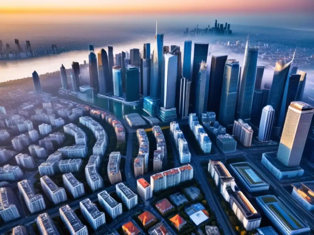Inversión inmobiliaria global: ciudad moderna con rascacielos Invertir en REITs Globales: Una ciudad moderna y vibrante con rascacielos, reflejo de oportunidades globales en bienes raíces