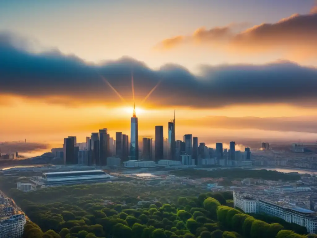 Inversiones inmobiliarias globales: Ciudad vibrante y moderna Invertir en REITs Globales: Una vista aérea impresionante de una ciudad bulliciosa con rascacielos icónicos y modernos hitos arquitectónicos