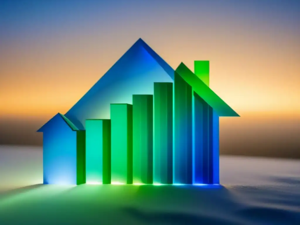 Gráfico de Intereses FHA: Tendencia Al Alza en Pagos Mensuales Gráfica de tendencia alcista de tasas interés préstamos FHA inmobiliarios, con silueta de casa y colores de estabilidad financiera