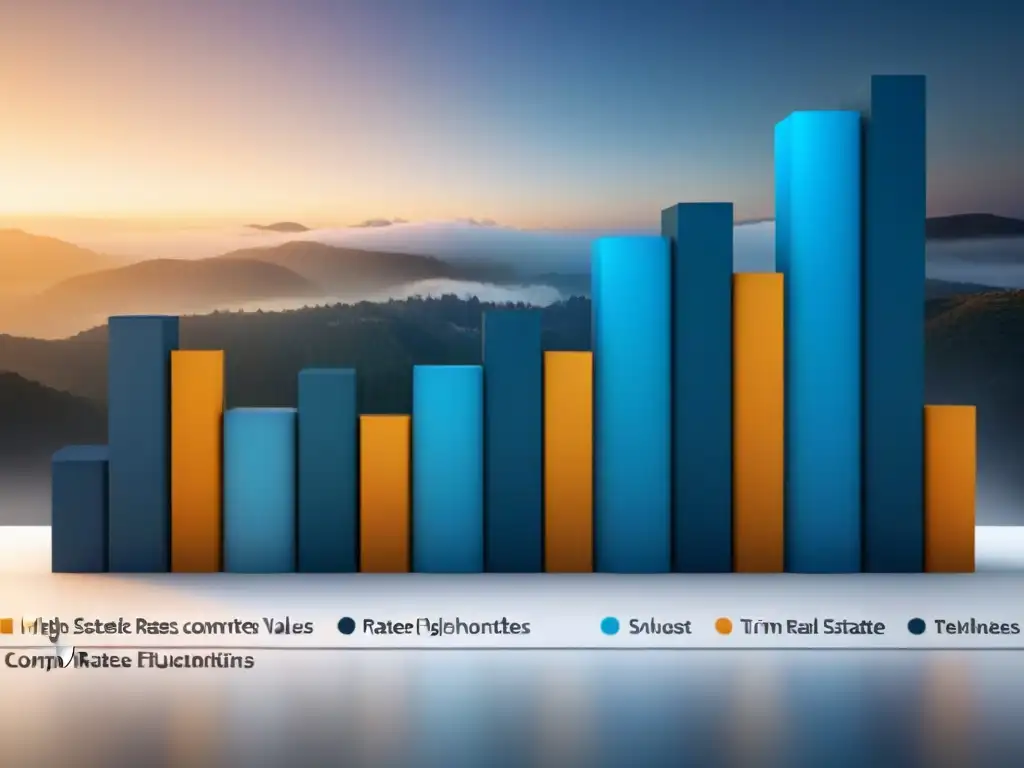 Gráfico dinámico de tasas de interés y valores inmobiliarios Gráfico dinámico de relación tasas interés bienes raíces con líneas coloridas y anotaciones clave