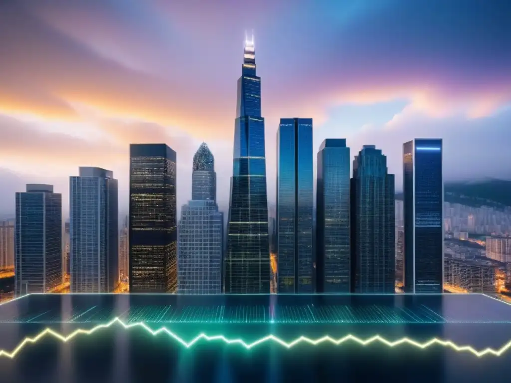 Gráfica de mercado con impacto en préstamos hipotecarios Gráfico de fluctuaciones del mercado con casas tradicionales y símbolos de moneda digital en una ciudad futurista
