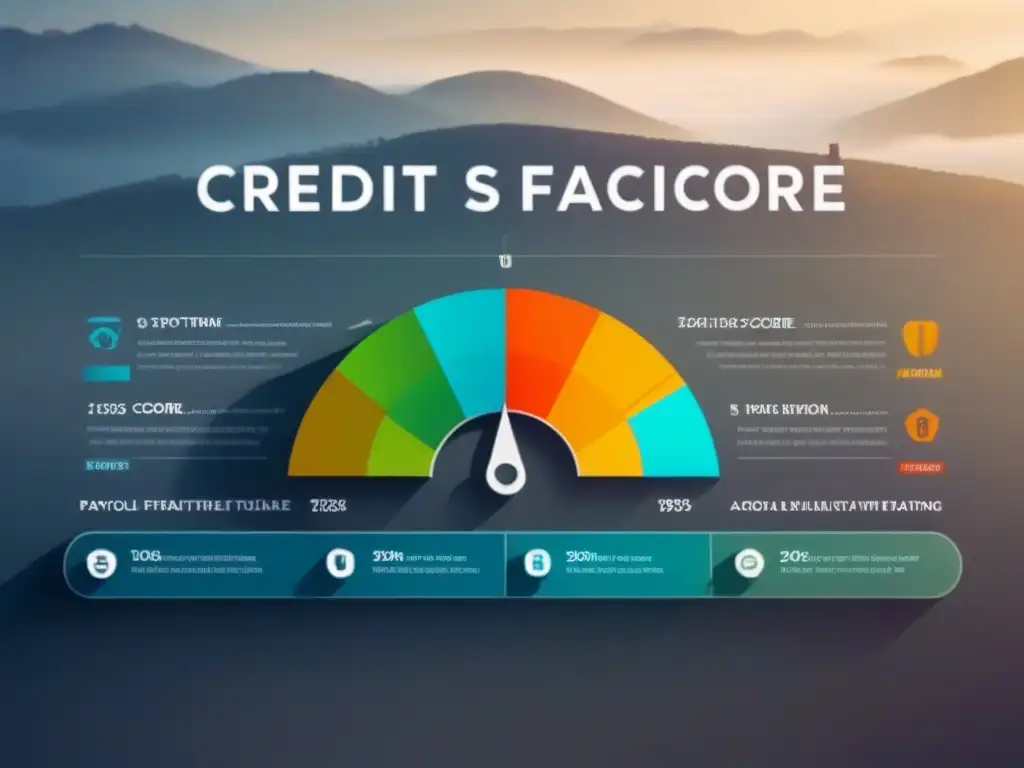 Infografía moderna: Factores clave de puntaje crediticio Gráfico moderno detallado de factores historial crediticio, resaltando elementos clave de forma educativa y atractiva