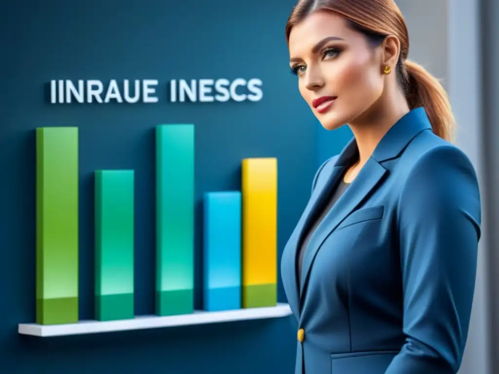 Gráfico de barras vibrante: aumento en conversiones de seguros Un gráfico moderno y elegante muestra una barra ascendente, simbolizando aumento de conversiones en programas afiliados de seguros de propiedad