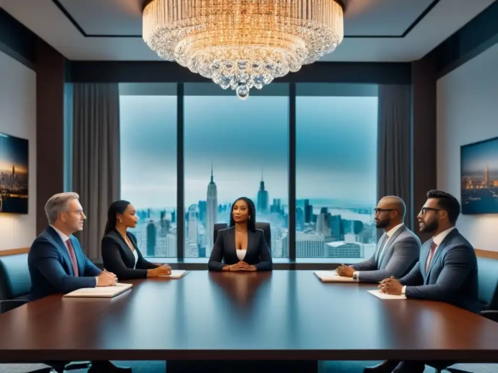 Abogados profesionales en oficina elegante discuten estrategias legales Un grupo diverso de abogados profesionales discuten estrategias en una elegante oficina, rodeados de libros de ley y una vista panorámica de la ciudad