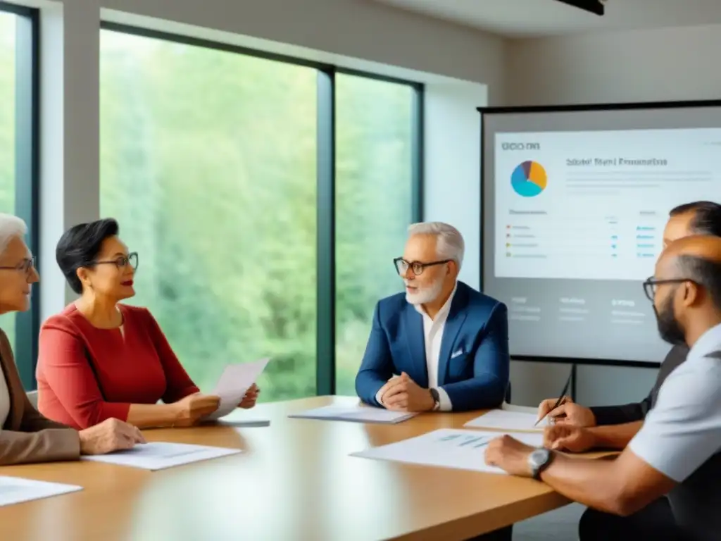 Seminar de planificación financiera para adultos mayores: diversidad y aprendizaje Grupo diverso de adultos mayores en seminario de financiamiento inmobiliario en ambiente cálido y luminoso