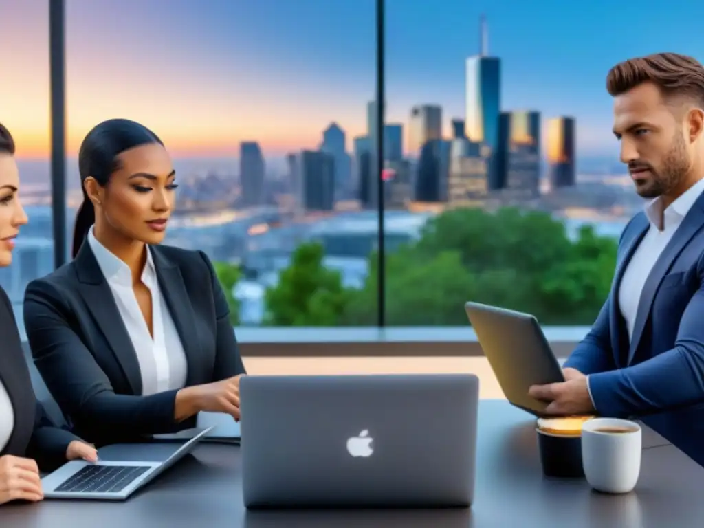 Marketers inmobiliarios innovadores en acción Un grupo diverso de afiliados inmobiliarios enfocados en redes sociales, con estrategias innovadoras y una ciudad al atardecer de fondo