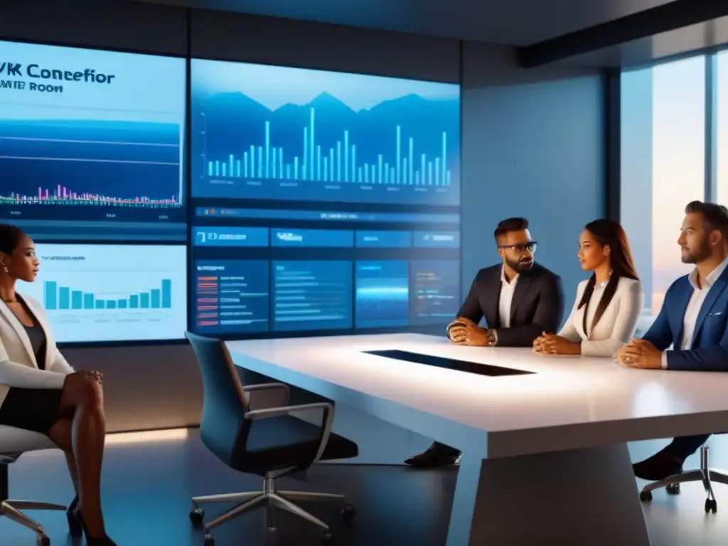 Reunión estratégica de afiliados inmobiliarios en oficina futurista 8k Un grupo diverso de afiliados del mercado inmobiliario discuten estrategias en una oficina moderna y tecnológica