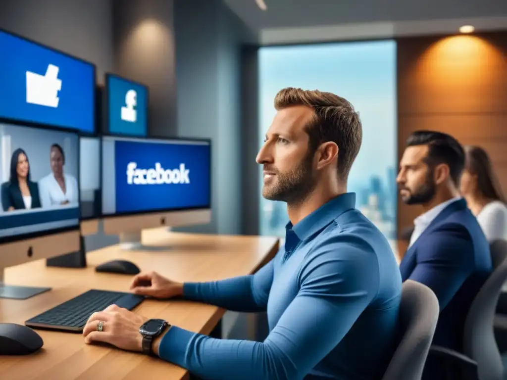 Agentes inmobiliarios exitosos en oficina moderna Un grupo diverso de agentes inmobiliarios en una oficina moderna, discutiendo profesionalmente y usando redes sociales para afiliados inmobiliarios