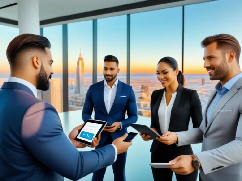 Profesionales inmobiliarios en reunión digital Un grupo diverso de agentes inmobiliarios profesionales colabora en una oficina moderna, mirando redes sociales para afiliados inmobiliarios